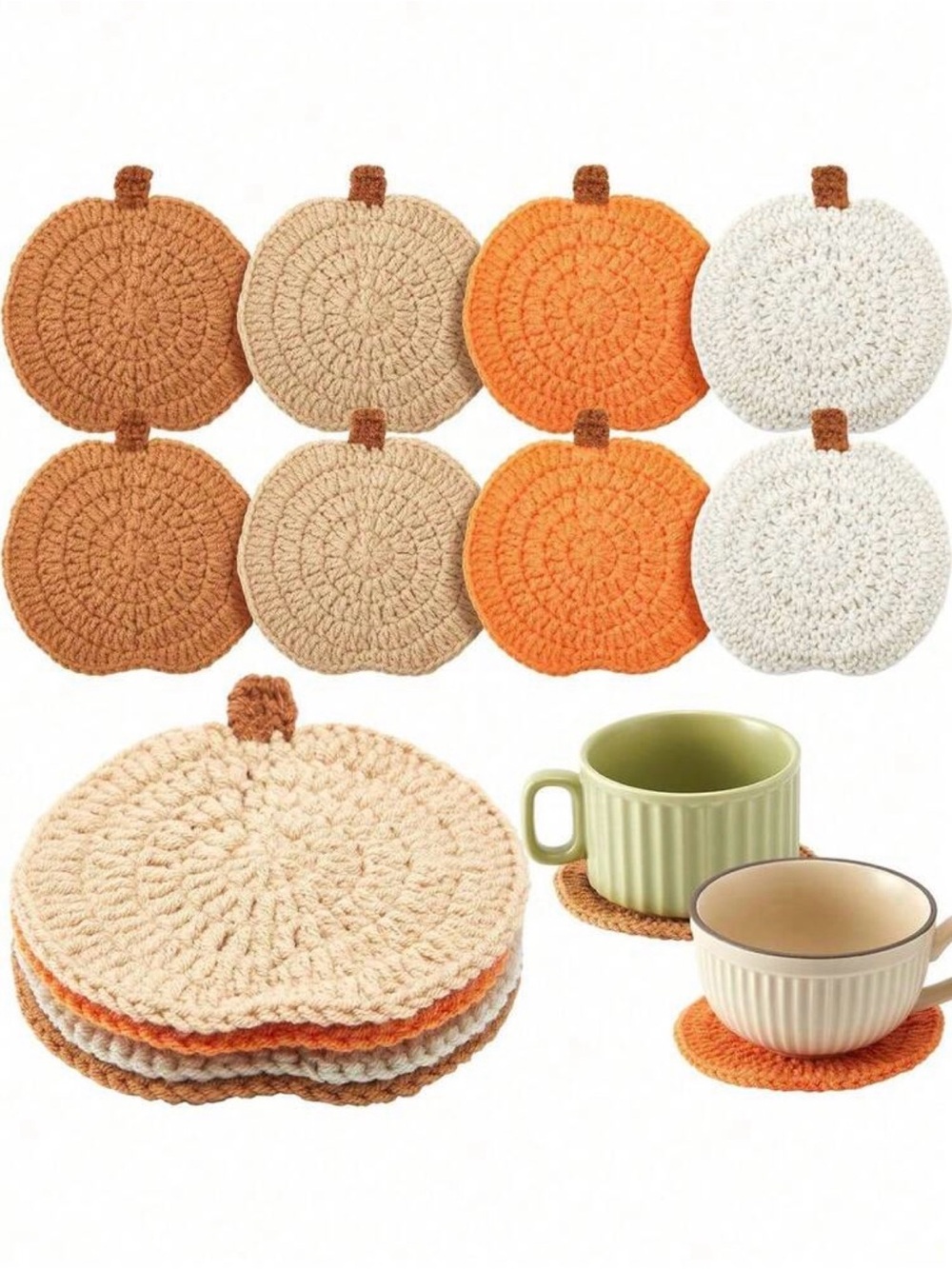 Autumn Crochet Pumpkin Coaster Set of 4- Neutral & Orange Mix.